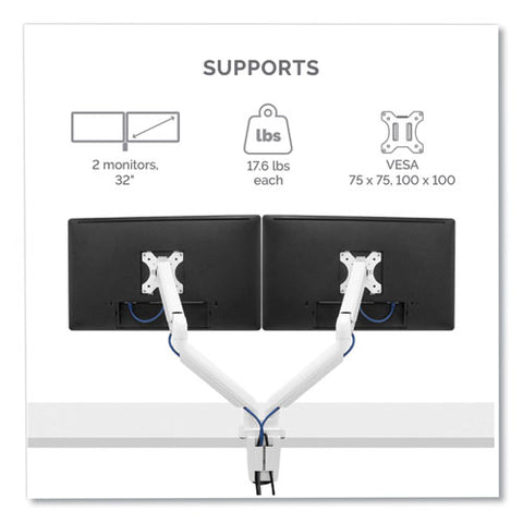 Platinum Series Dual Monitor Arm, For 27" Monitors, 360 Deg Rotation, 45 Deg Tilt, 180 Deg Pan, White, Supports 20 Lb