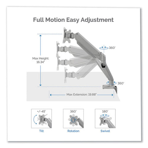 Platinum Series Single Monitor Arm, For 27" Monitors, 360 Deg Rotation, 45 Deg Tilt, 180 Deg Pan, Silver, Supports 20 Lb