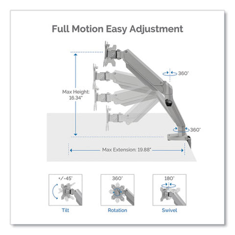 Platinum Series Dual Monitor Arm, For 27" Monitors, 360 Deg Rotation, 45 Deg Tilt, 180 Deg Pan, Silver, Supports 20 Lb