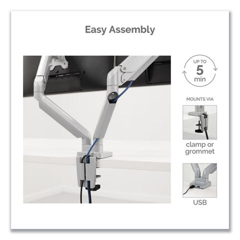 Platinum Series Dual Monitor Arm, For 27" Monitors, 360 Deg Rotation, 45 Deg Tilt, 180 Deg Pan, Silver, Supports 20 Lb