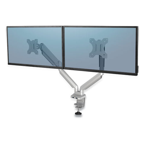 Platinum Series Dual Monitor Arm, For 27" Monitors, 360 Deg Rotation, 45 Deg Tilt, 180 Deg Pan, Silver, Supports 20 Lb