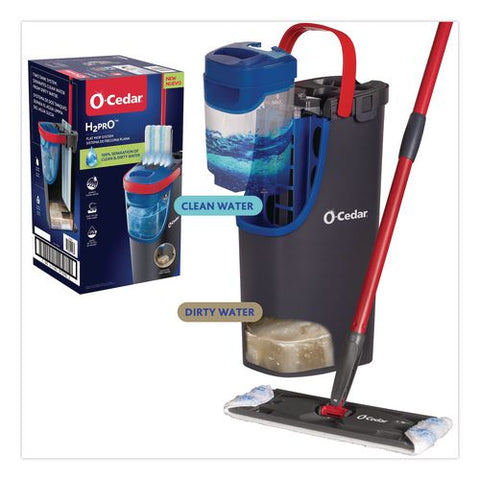 H2pro Flat Mop System, 9.25" X 4.38" White/blue Microfiber Head, Up To 56" Black/red Handle