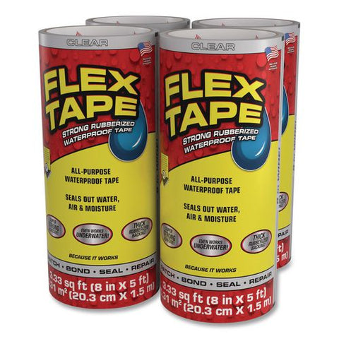 Flex Tape Strong Rubberized Waterproof Tape, 4" Core, 39 Mil Thick, 8" X 5 Ft, Clear, 4/carton