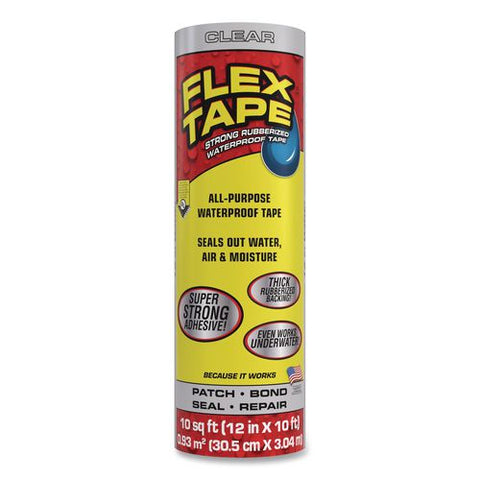 Flex Tape Strong Rubberized Waterproof Tape, 4" Core, 39 Mil Thick, 12" X 10 Ft, Clear, 4/carton