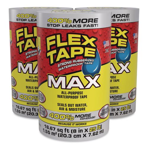 Max Strong Rubberized Waterproof Tape, 4" Core, 39 Mils Thick, 8" X 25 Ft, Clear, 3/carton