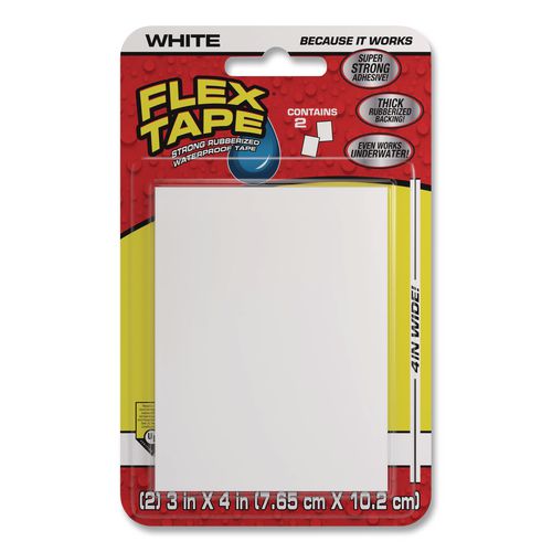 Flex Tape Strong Rubberized Waterproof Tape, 39 Mils Thick, 4" X 3", White, 2 Patches/pack, 24/carton