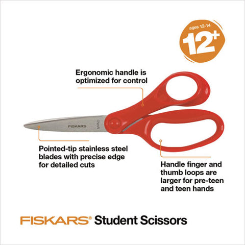 Student Scissors, Pointed Tip, 7" Long, Offset Assorted Color Handle