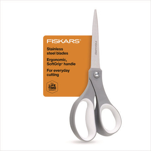 Contoured Performance Scissors, 8" Long, 3.13" Cut Length, Straight Gray Softgrip Handle