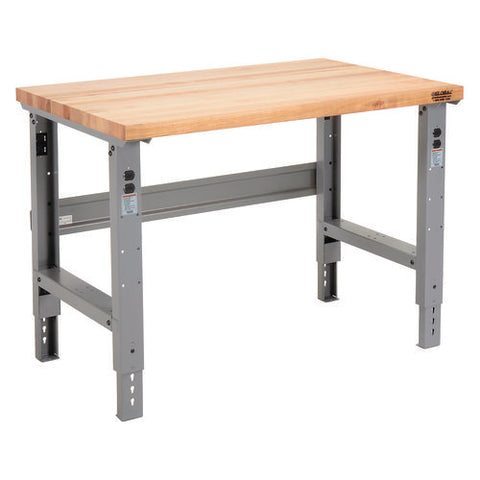 Standard Duty Butcher Block Top Adjustable Height Workbench, 48 X 30 X 30.88 To 36.88, Gray