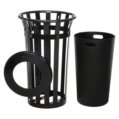 Outdoor Slatted Steel Trash Can, 24 Gal, Black