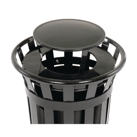 Outdoor Slatted Steel Trash Can, Rain Bonnet Lid, 24 Gal, Black