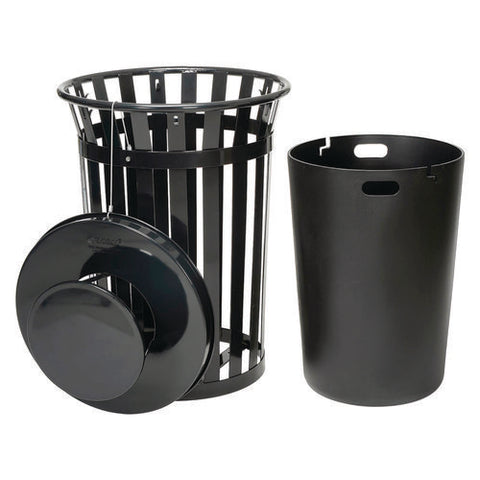 Outdoor Slatted Steel Trash Can, Rain Bonnet Lid, 36 Gal, Black