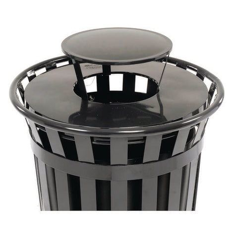 Outdoor Slatted Steel Trash Can, Rain Bonnet Lid, 36 Gal, Black