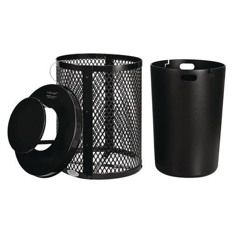 Outdoor Diamond Steel Trash Can, Rain Bonnet Lid, 36 Gal, Black