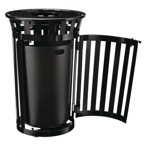 Outdoor Slatted Steel Trash Can, With Access Door, 36 Gal, Steel Black