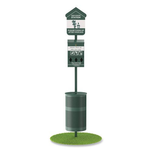 Pet Waste Station Kit With Roll Bag Locking Dispenser, 11.5 Gallon Round Lidded Trash Can, Pole, And Glow-in-the-dark Sign