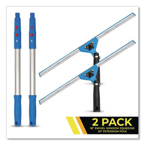 Pro Window Washing Kit With Swivel Window Squeegee And 20" Pole, 18" Wide Blade, 2/kit