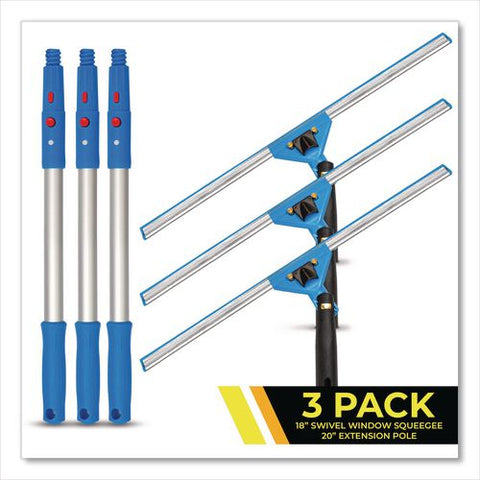 Pro Window Washing Kit With Swivel Window Squeegee And 20" Pole, 18" Wide Blade, 3/kit