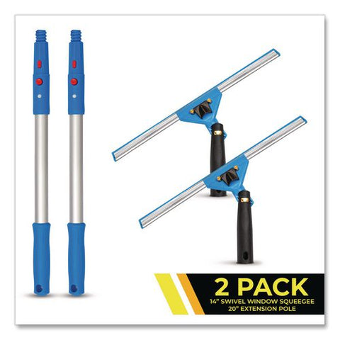 Pro Window Washing Kit With Swivel Window Squeegee And 20" Pole, 14" Wide Blade, 2/kit