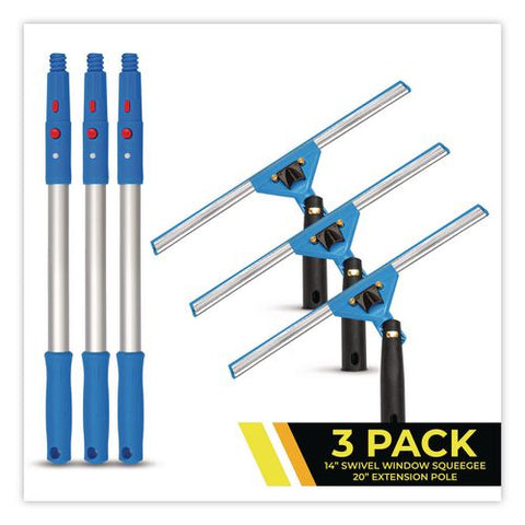 Pro Window Washing Kit With Swivel Window Squeegee And 20" Pole, 14" Wide Blade, 3/kit