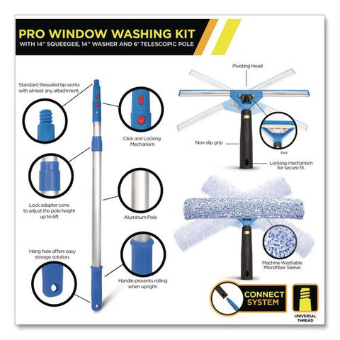 Pro Window Washing Kit With Squeegee, Washer And 6 Ft Telescopic Pole, 14" Wide, 3/kit