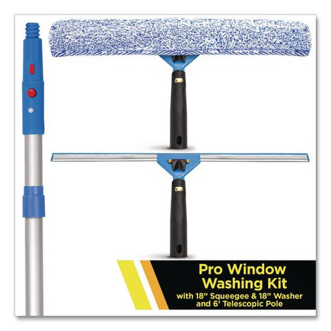 Pro Window Washing Kit With Squeegee, Washer And 6 Ft Telescopic Pole, 18" Wide Blade, 2/kit