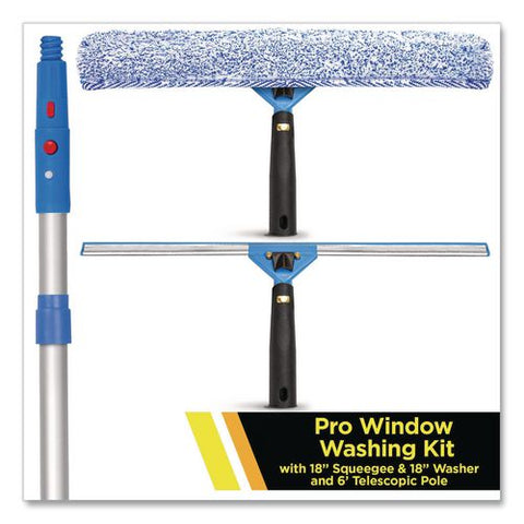 Pro Window Washing Kit With Squeegee, Washer And 6 Ft Telescopic Pole, 18" Wide Blade, 3/kit