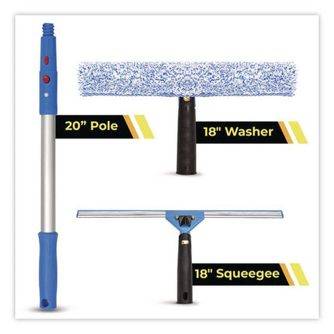 Pro Window Washing Kit With Squeegee, Washer And 20" Pole, 18" Wide Blade
