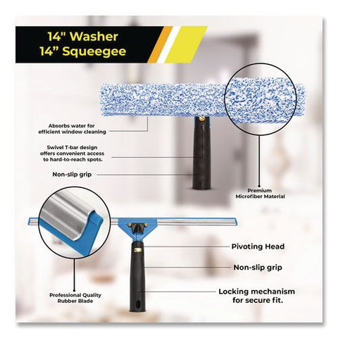 Pro Window Washing Kit With Squeegee, Washer And 20" Pole, 14" Wide Blade, 2/kit