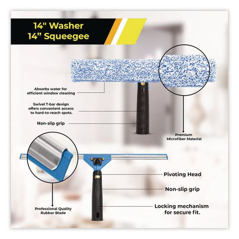 Pro Window Cleaning Kit With 14" Squeegee, 14" Washer, 20" Pole And 3 Gallon Heavy-duty Bucket, 3/kit