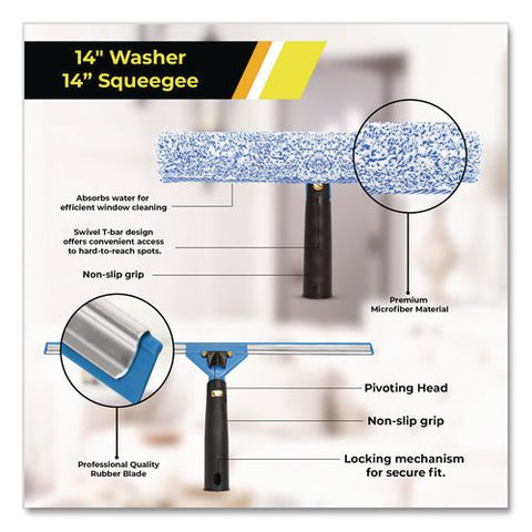 Pro Window Cleaning Kit With 14" Squeegee, 14" Washer, 20" Pole And 3 Gallon Heavy-duty Bucket