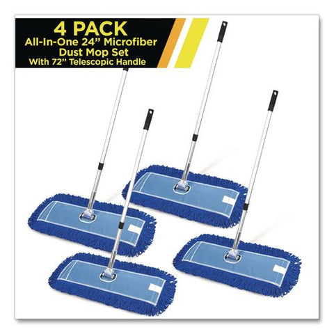 All-in-one 24" Microfiber Dust Mop Set With 72" Telescopic Handle, 24" X 5", Blue, Microfiber Head, 72" Silver Handle, 4 Kits