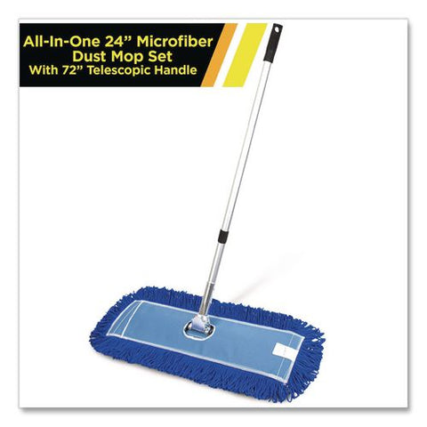 All-in-one 24" Microfiber Dust Mop Set With Telescopic Handle, 24 X 5, Blue, Microfiber Head, 72" Silver Aluminum Handle