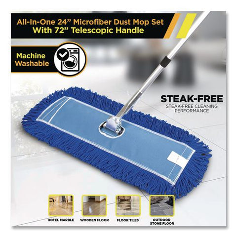 All-in-one 24" Microfiber Dust Mop Set With Telescopic Handle, 24 X 5, Blue, Microfiber Head, 72" Silver Aluminum Handle