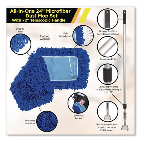 All-in-one 24" Microfiber Dust Mop Set With Telescopic Handle, 24 X 5, Blue, Microfiber Head, 72" Silver Aluminum Handle