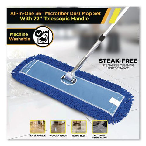 All-in-one Microfiber Dust Mop Set With Telescopic Handle, 36 X 5, Blue Microfiber Head, 40" To 72" Silver Aluminum Handle