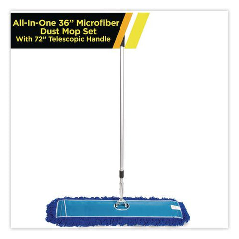 All-in-one Microfiber Dust Mop Set With Telescopic Handle, 36 X 5, Blue Microfiber Head, 40" To 72" Silver Aluminum Handle