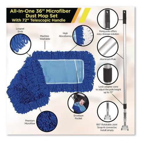 All-in-one Microfiber Dust Mop Set With Telescopic Handle, 36 X 5, Blue Microfiber Head, 40" To 72" Silver Aluminum Handle