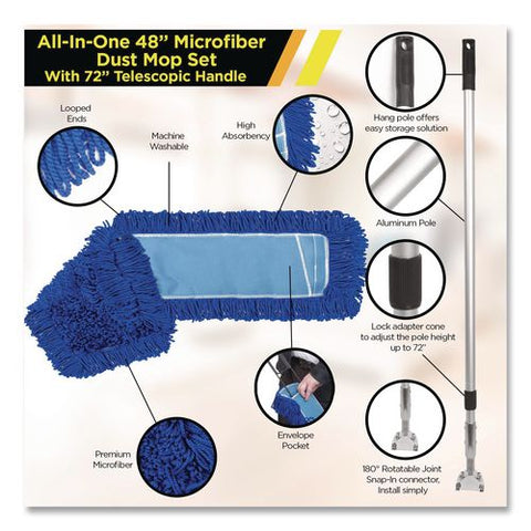 All-in-one Microfiber Dust Mop Set With Telescopic Handle, 48 X 5, Blue Microfiber Head, 72" Silver Aluminum Handle, 4/kit