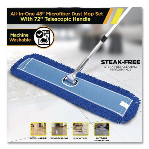All-in-one Microfiber Dust Mop Set With Telescopic Handle, 48 X 5, Blue Microfiber Head, 72" Silver Aluminum Handle, 4/kit