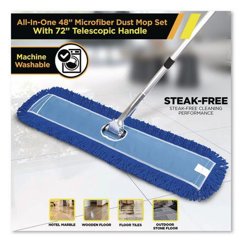 All-in-one Microfiber Dust Mop Set With Telescopic Handle, 48 X 5, Blue Microfiber Head, 40" To 72" Silver Aluminum Handle