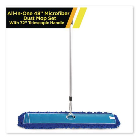 All-in-one Microfiber Dust Mop Set With Telescopic Handle, 48 X 5, Blue Microfiber Head, 40" To 72" Silver Aluminum Handle