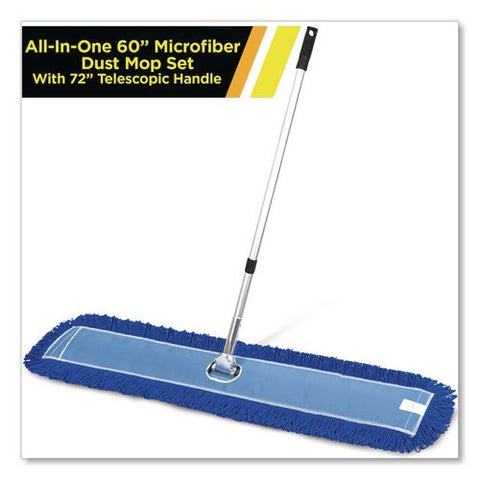 All-in-one Microfiber Dust Mop Set With Telescopic Handle, 60 X 5, Blue Microfiber Head, 40" To 72" Silver Aluminum Handle