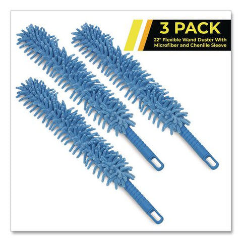 Flexible Wand Duster With Microfiber And Chenille Sleeve, 22" Length, 3/pack