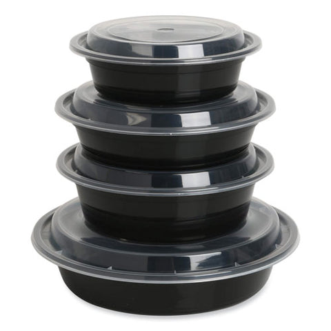 Microwavable Food Container With Lid, Round, 48 Oz, 8.85 X 8.85 X 2.24, Black/clear, Plastic, 150/carton