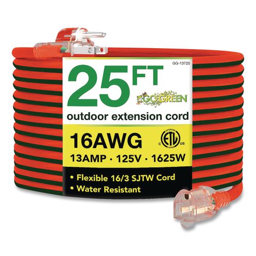 16 Awg Outdoor Extension Cord, 25 Ft, 13 A, Orange