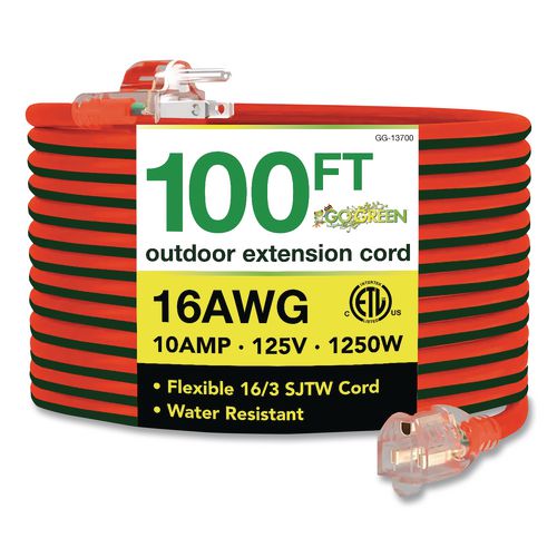 16 Awg Outdoor Extension Cord, 100 Ft, 10 A, Orange