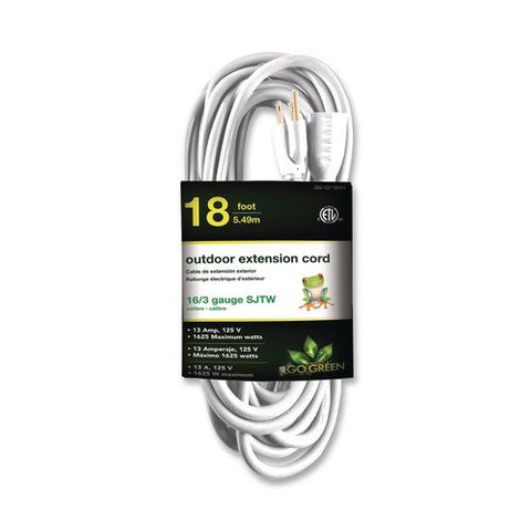 16 Awg Outdoor Extension Cord, 18 Ft, 13 A, White