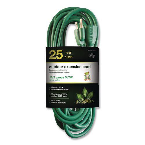 16 Awg Outdoor Extension Cord, 25 Ft, 13 A, Green