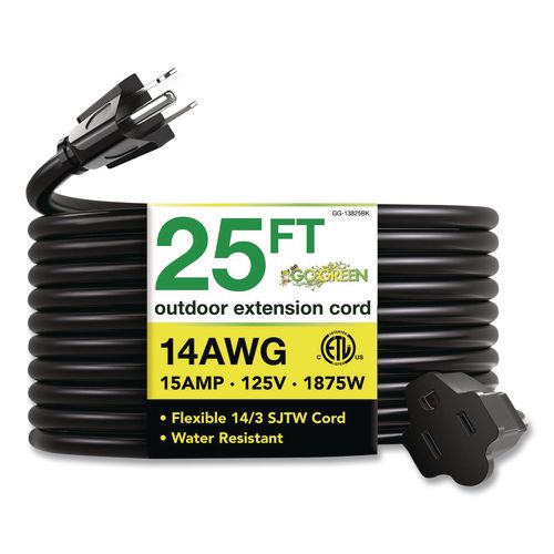 14 Awg Outdoor Extension Cord, 25 Ft, 15 A, Black